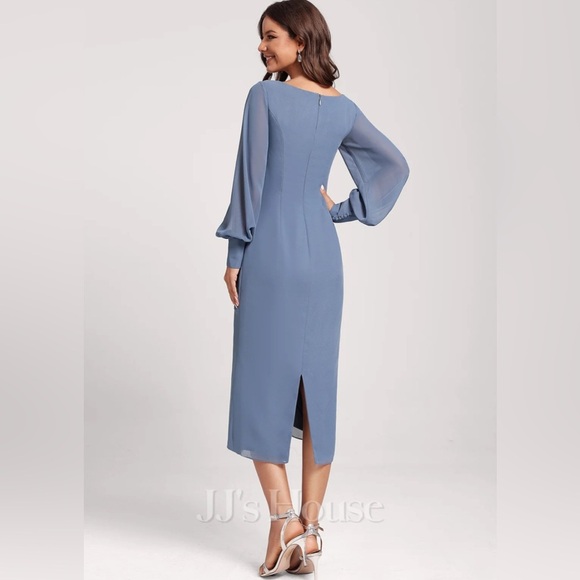 Sheath/Column V-Neck Tea-Length Chiffon Cocktail Dress With Cascading Ruffles - Picture 3 of 10